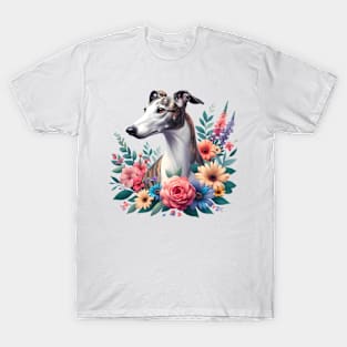 A greyhound decorated with beautiful colorful flowers. T-Shirt